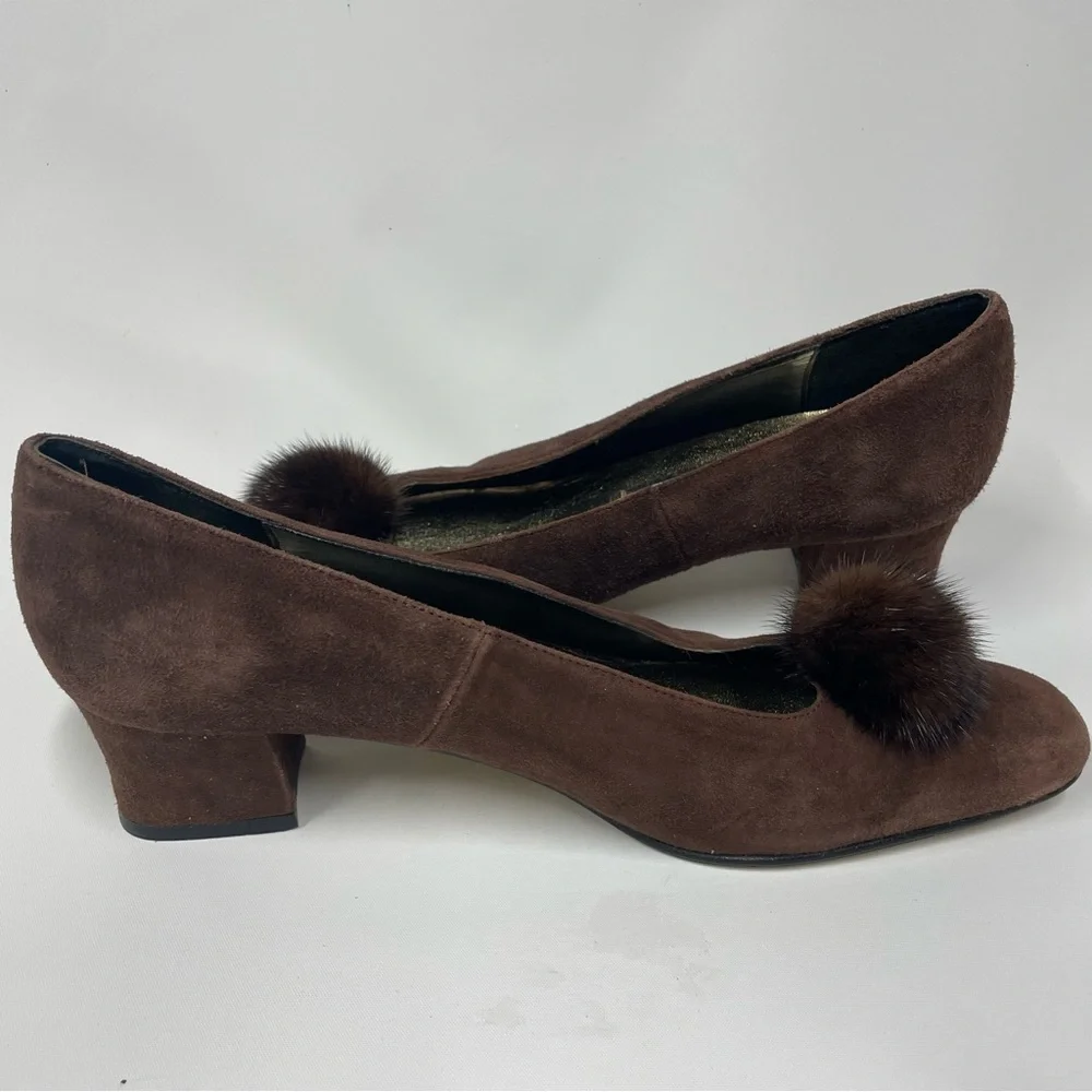 J. RENEE Brown Suede Leather Heel Pumps with Mink Fur Puff Ball Sz. 8 M - Picture 4 of 8